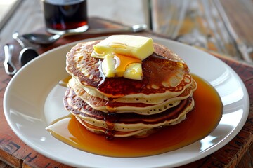 Stack of fluffy pancakes topped with melting butter and drizzled with syrup on a white plate, served with a glass of syrup and utensils.