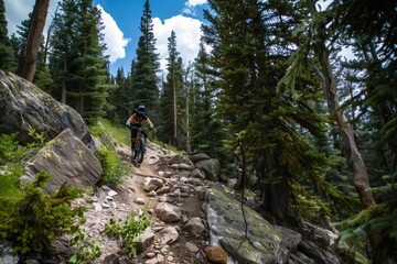 Mountain biker navigating a rocky trail through a dense forest on a sunny day, surrounded by tall evergreen trees and rugged terrain.