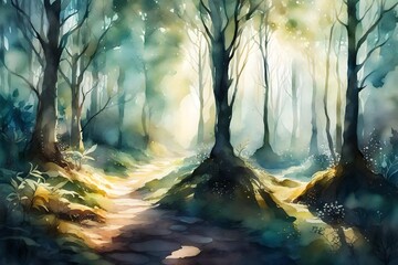 A mystical forest in watercolor with ethereal light and shadows