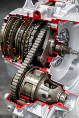 Automatic car transmission cutaway presented on a exibition stand.