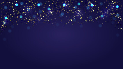 Gold sequins and bokeh on navy background.