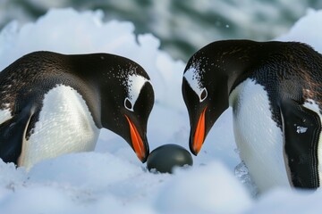 Two penguins with bright orange beaks are closely observing a dark egg in the snow, showcasing a moment of care and protection in a cold, icy environment.