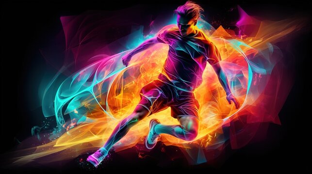 Young sporty athletic man wearing in red sport clothes, soccer football player in action on dark neon background. Concept of sport, game, action. Copy space for ad. Modern design background