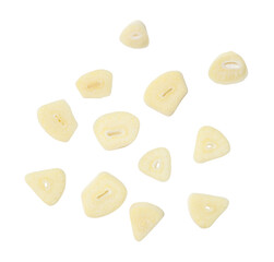 Top view set of fresh garlic cloves in slices or pieces scattering isolated on white background with clipping path