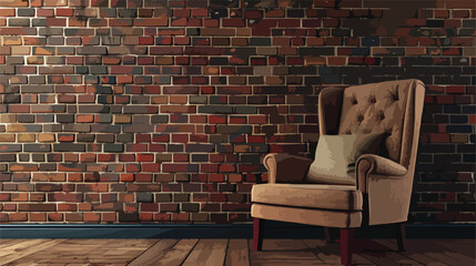 Stylish armchair with pillow near brick wall in room