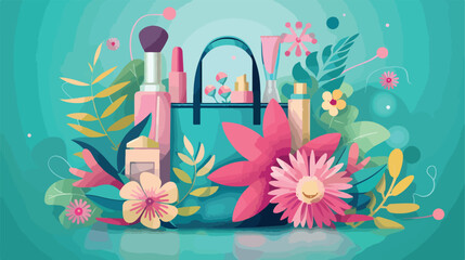 Stylish bag and decorative cosmetics on color background