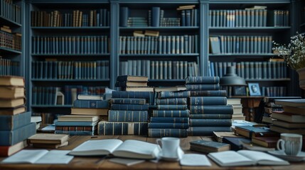 organized desk in university library with books and notebooks, ideal for academic concept, with space for text
