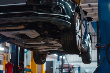 A car is lifted on a hydraulic lift in an automotive repair shop, showcasing its undercarriage and tires with equipment and tools in the background.