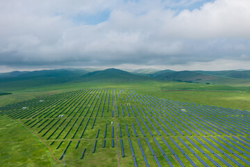 Aerial photography of photovoltaic power generation in the grassland of Huolingol City, Tongliao City, Inner Mongolia