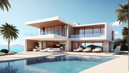 Luxury beach house with sea view swimming pool and terrace in modern design. 3d illustration of contemporary holiday villa exterior.
