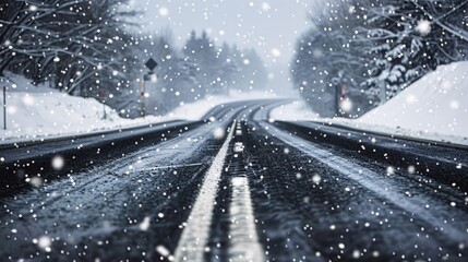 A road covered in snow with snowflakes falling on it, creating a serene winter scene