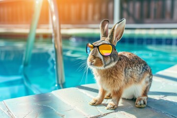 A cute rabbit wearing reflective sunglasses sits by the edge of a swimming pool on a sunny day. - Powered by Adobe