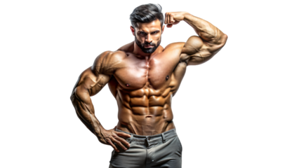 A muscular shirtless model is posing in a studio, showing off his well-defined abs and chest