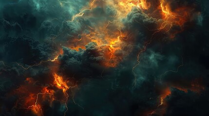 lightning storm with storm clouds and flame on the sky. gloomy cloudy dramatic ominous epic sky background realistic