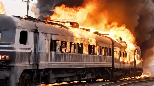 Moving railway locomotive on fire.