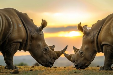 Fototapeta premium Two rhinoceroses touching horns against a vivid sunset backdrop, symbolizing connection and nature.