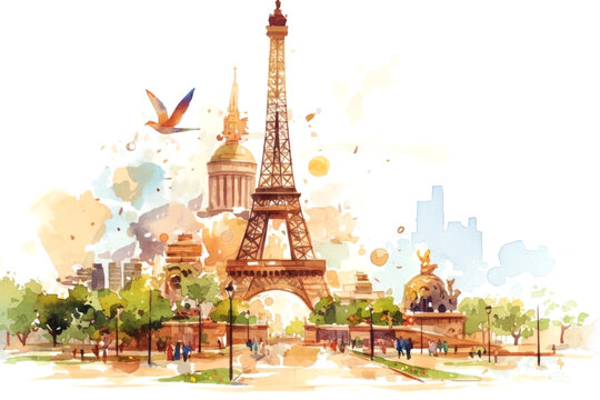 Charming watercolor of Paris featuring the Eiffel Tower, blending historic architecture