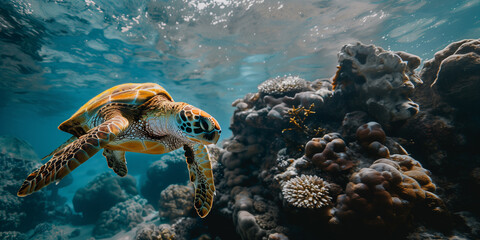 the green sea turtle swimming underwater, clear ocean water seabed, copy space for text