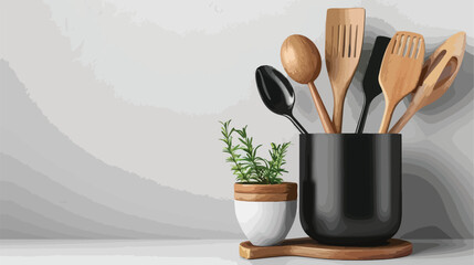 Stylish holder with kitchen utensils on white background