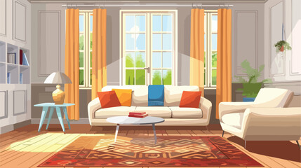 Stylish interior of living room with sofa and carpet