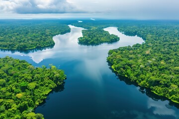 Aerial view of a rainforest and river through it