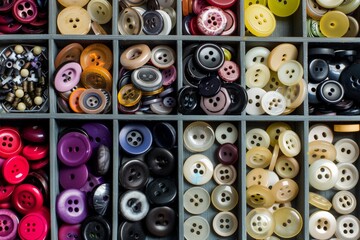 An organized collection of colorful buttons of various shapes and sizes arranged in a storage box with multiple compartments. - Powered by Adobe