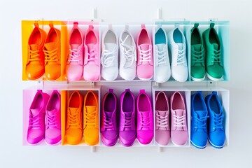 Colorful sneakers arranged in transparent boxes displayed on a white wall, featuring a variety of vibrant hues including orange, pink, white, green, and blue.