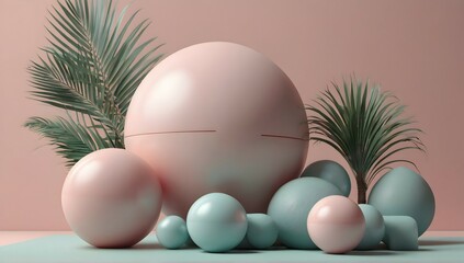 Fototapeta premium Modern Pastel 3D Composition with Spheres and Palm