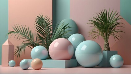 Obraz premium Modern Pastel 3D Composition with Spheres and Palm