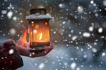 A hand holding a glowing lantern adorned with snowflakes amidst falling snow, evoking a warm and festive winter atmosphere.