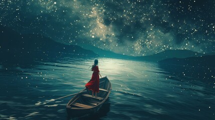 Fototapeta premium 一艘木船在深蓝色的大海上航行，朝着宇宙深处的星辰划去。木船的右侧躺着一位美丽的女子，她的身上被荆棘和鲜花包围着，有的花瓣撒落在水面。