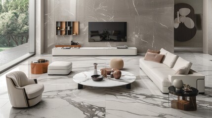 Fototapeta premium a modern living room with a white marble floor adorned with gold inlay, centered around a large circular coffee table, featuring a sleek modern sofa and armchair, with a TV mounted on the wall.