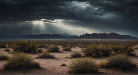 cloudy desert mountain scene with sun rays breaking through the clouds. United states desert or mexican desert Generative AI.