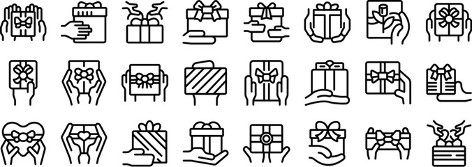 Hands holding gift box vector icon. A series of black and white images of people holding gifts. The images are arranged in a grid, with each row containing a different type of gift. The mood of the