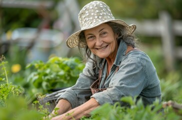 Portrait of a joyful elderly woman with a straw hat gardening in her lush backyard garden, surrounded by vibrant green foliage