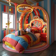 Carnival Themed Bedroom Escape Whimsical D Rendered Decor with Playful Carousel Horse and Vibrant Festoon Lights