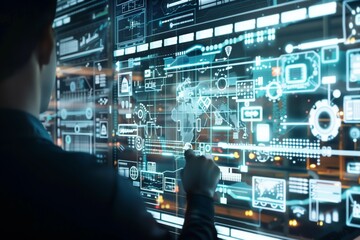 Obraz premium Person interacting with a futuristic digital interface, displaying data and analytics in a high-tech environment.