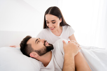 Photo of two people girlfriend boyfriend sleeping cuddle in white house bedroom