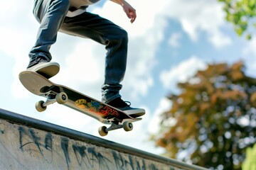 Close-up of a skateboarder performing a trick on a graffiti-covered ramp. The image captures the skateboard and legs in mid-air with a background of blue skies and trees.