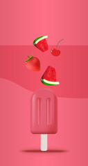 vector pink ice cream on a stick and fruits flying from it. popsicles with blueberries, watermelon and cherries on a pink background