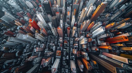 Aerial view of a futuristic cityscape with dense high-rise buildings in varying shades of red and gray
