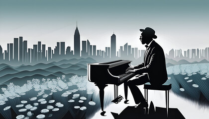 Pianist sitzt am Klavier auf einer gro&szlig;en Wiese als Silhouette, im Hintergrund dunstige Stadt