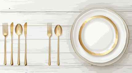 Stylish table setting with golden cutlery on light wo