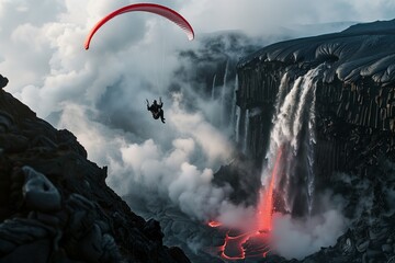 Adventurous paraglider flying near a dramatic landscape with active volcanic lava flow and steamy...