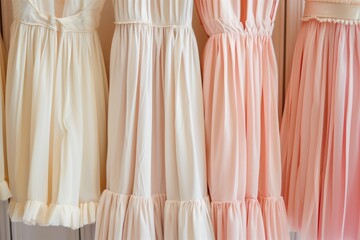 Close-up of four pastel-colored pleated dresses with ruffle hems, showcasing elegant and delicate fabric details.