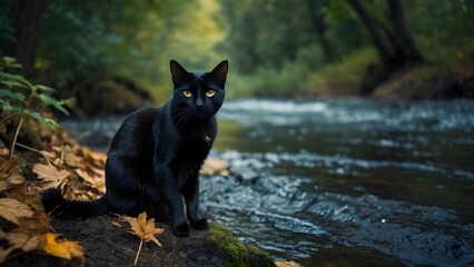 Beautiful black cat in the forest.
And behind him he collapsed