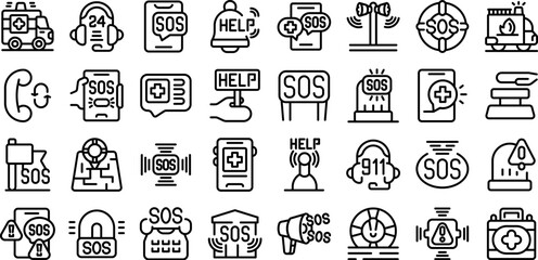 Sos sign vector icon. A collection of icons for emergency services such as 911, ambulance, and police. The icons are all in black and white and are arranged in a grid