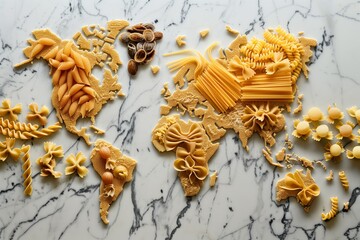 Creative world map made of various uncooked pasta types on a marble surface. Each continent is represented by different pasta shapes and textures.