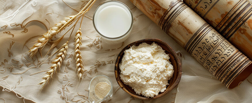 Shavuot, wheat harvest festival, Shavuot simovli on greeting banner poster postcard, harvest holiday