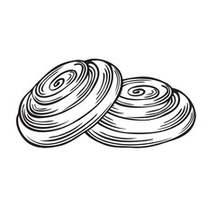 Cinnamon roll buns. Vector illustration isolated, linear. Bakery goods french. Hand drawn sketch traditional bread symbol. Template nutrition product for menu, showcase, wrapping, label, coffee shop.